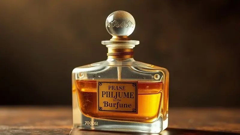 Renderização artística de um frasco de perfume antigo com tampa ornamentada representando a fragilidade de fragrâncias vintage.