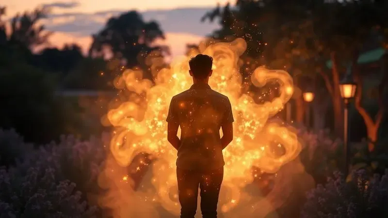 Ilustração digital artística de uma aura luminosa e névoa perfumada saindo da pele em um ambiente suave.