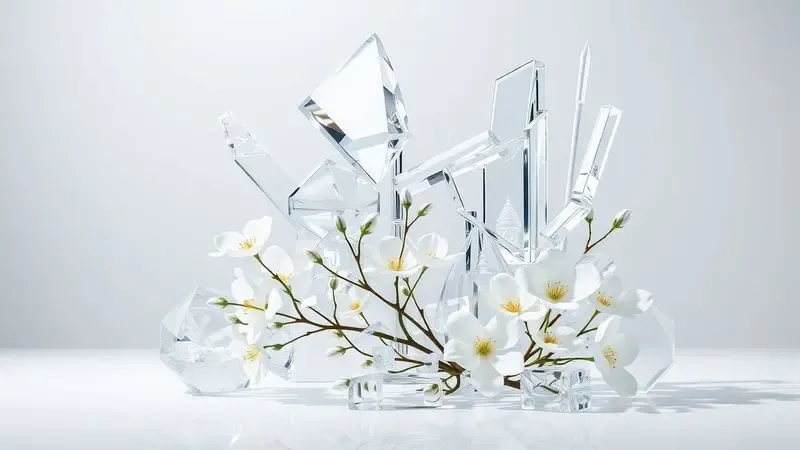 Renderização 3D de elementos de vidro e cristais abstratos entrelaçados com flores brancas delicadas.