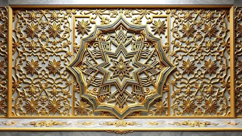 Renderização 3D de elementos arquitetônicos árabes e padrões geométricos luxuosos em um fundo minimalista.