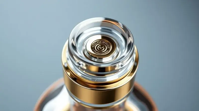 Close-up detalhado de um frasco de perfume premium destacando a pureza do vidro e a qualidade do acabamento artesanal.