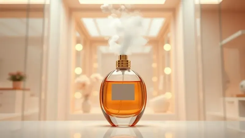 Renderização conceitual artística da aplicação de um perfume em spray em um ambiente minimalista com iluminação suave.