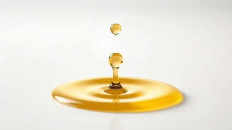 Renderização 3D de uma gota dourada sobre uma superfície lisa representando a hidratação e cuidados com a fragrância.