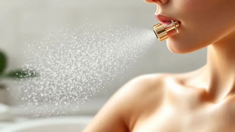 Ilustração de névoa de perfume com partículas brilhantes sugerindo alta fixação e durabilidade na pele.