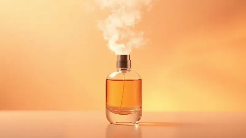 Ilustração 3D mostrando uma névoa abstrata e suave de perfume sendo borrifada de forma conceitual.