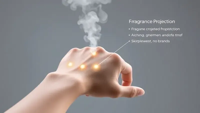 Representação visual de pontos de pulsação no pulso para aplicação de perfume, destacando fixação e projeção na pele.
