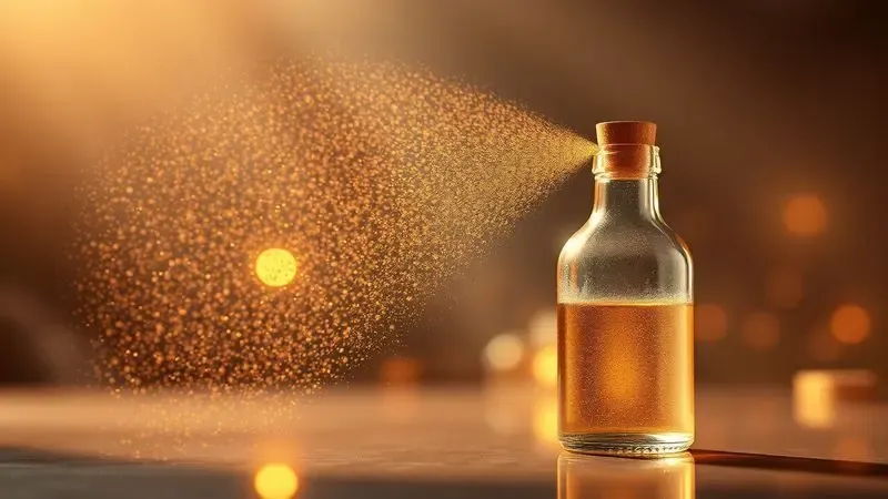 Ilustração digital de uma silhueta feminina elegante em um ambiente de luz suave, sugerindo a aplicação de uma fragrância luxuosa.