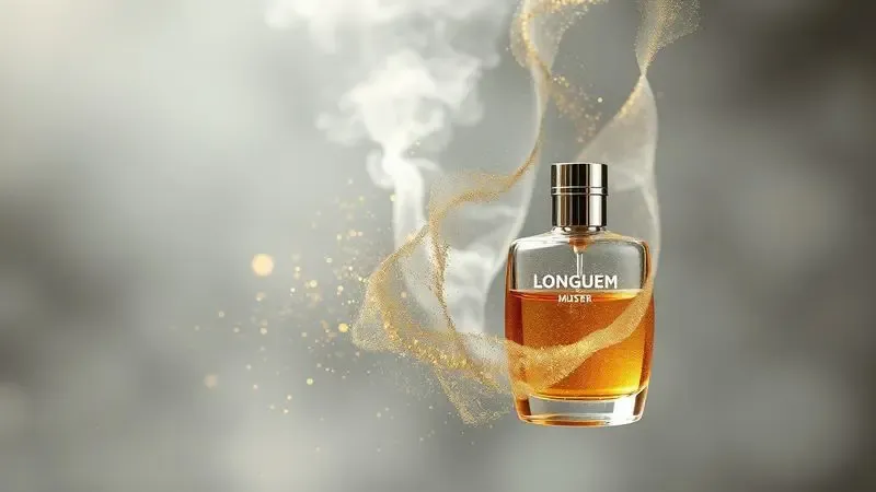 Renderização 3D de uma névoa fina de perfume com partículas brilhantes, simbolizando a aplicação e fixação na pele.