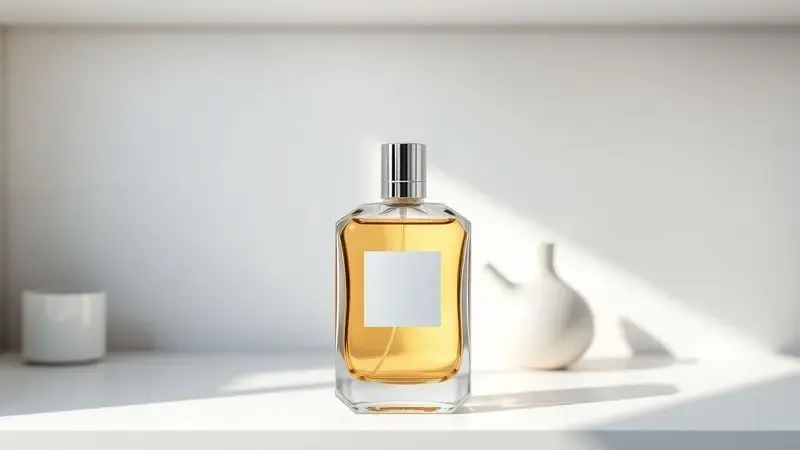 Renderização 3D de um perfume conservado corretamente em uma prateleira minimalista protegida da luz solar.