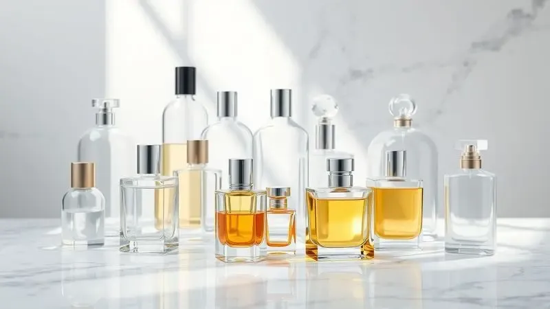 Renderização 3D de diversos frascos de perfume sem rótulos organizados artisticamente sobre uma superfície de mármore clara.