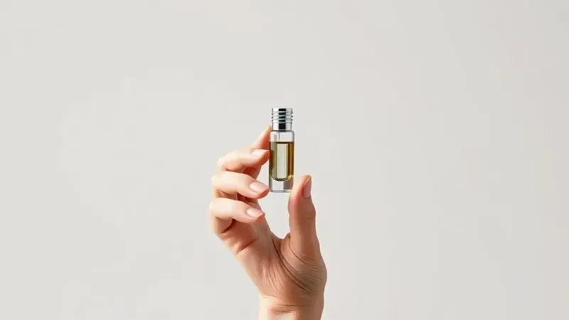 Mão segurando um pequeno frasco de amostra de perfume em um ambiente minimalista e sofisticado.