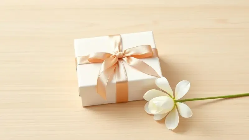 Ilustração de uma caixa de presente minimalista com fita de seda, ideal para presentear com sofisticação.