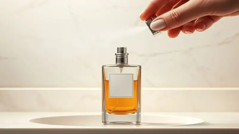 Desenho artístico de um frasco de perfume borrifando uma névoa delicada em um ambiente minimalista.