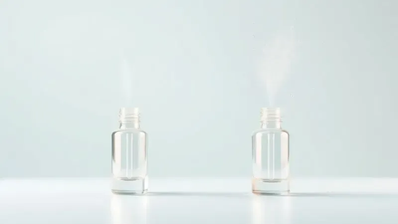 Representação artística de dois frascos de spray criando diferentes intensidades de névoa de perfume em tons pastéis.