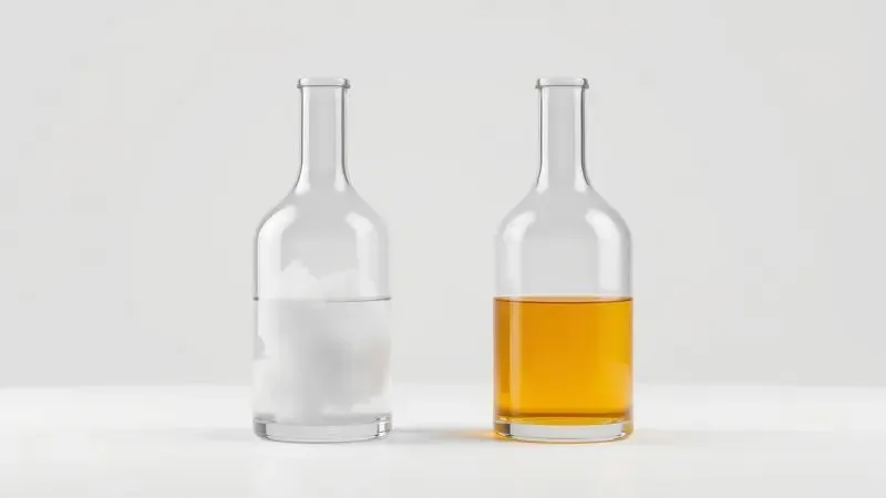 Renderização 3D comparando dois frascos de perfume com intensidades diferentes de líquido para ilustrar colônia e parfum.