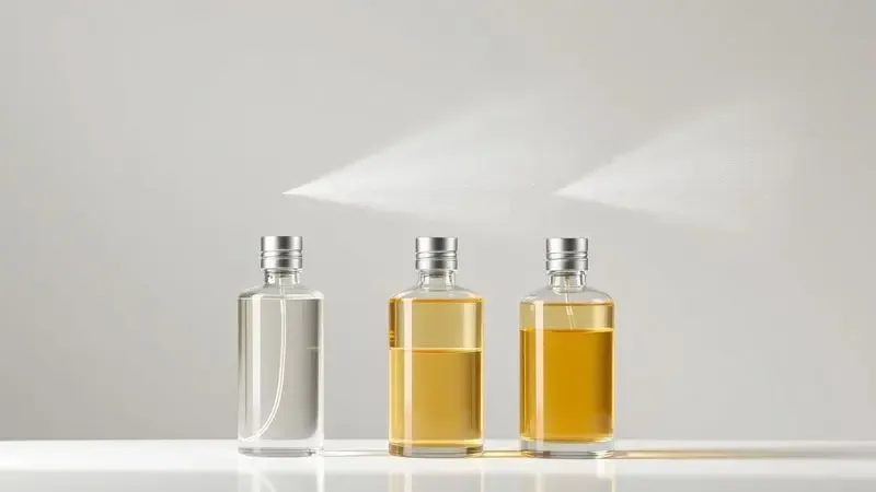 Ilustração comparativa mostrando diferentes densidades de spray para perfume, colônia e body splash.
