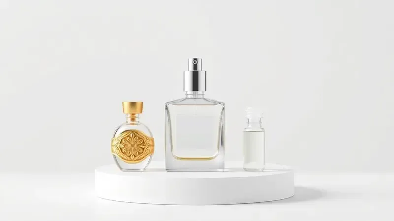 Comparação visual entre um frasco de miniatura, um decant de vidro e uma amostra de perfume em uma composição minimalista.