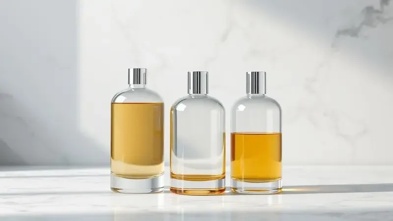 Três frascos de perfume minimalistas em uma superfície de mármore representando diferentes concentrações de fragrâncias.