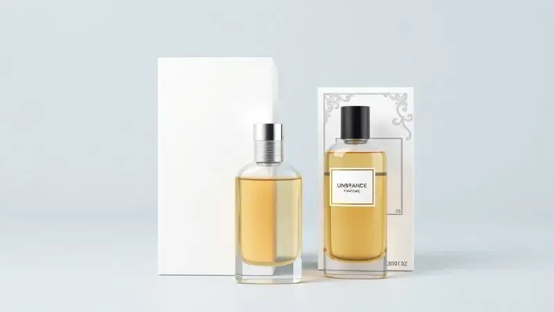 Comparação visual entre um perfume em caixa branca simples e um perfume em caixa decorada, ilustrando a diferença das embalagens tester.
