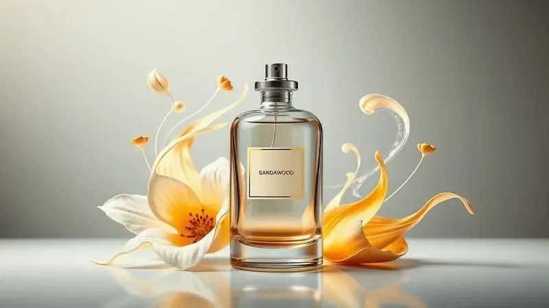 Ilustração digital realista de notas olfativas abstratas e pétalas de jasmim envolvendo um frasco de perfume conceitual e luxuoso.