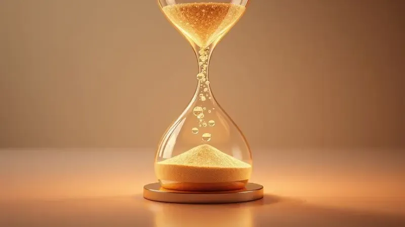 Render 3D de uma ampulheta onde areia se transforma em gotas de fragrância.