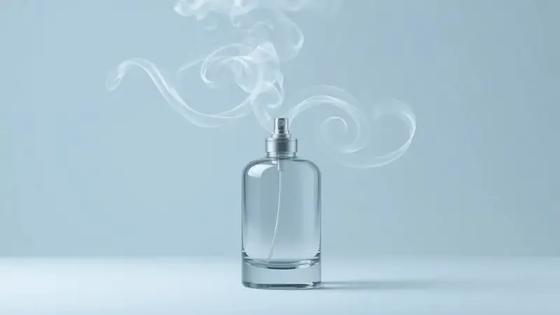 Representação artística digital da projeção de uma fragrância masculina através de névoas elegantes em tons frios.