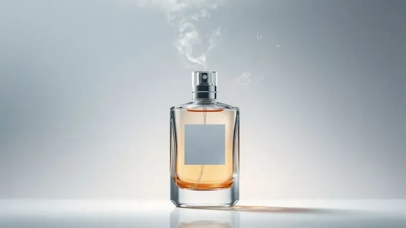 Frasco de perfume com névoa de fragrância dispersa no ar, simbolizando a fixação e durabilidade do perfume.