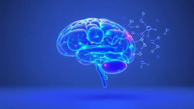 Representação 3D de uma silhueta cerebral humana com caminhos neurais iluminados reagindo a uma fragrância.
