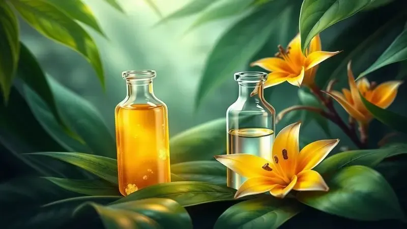 Ilustração digital artística de pequenos frascos de vidro com elixires dourados e transparentes cercados por folhagens tropicais.