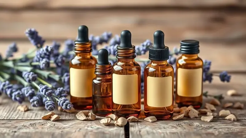 Ilustração digital de frascos de vidro âmbar e ingredientes naturais como lavanda e madeira, representando a criação de perfumes.