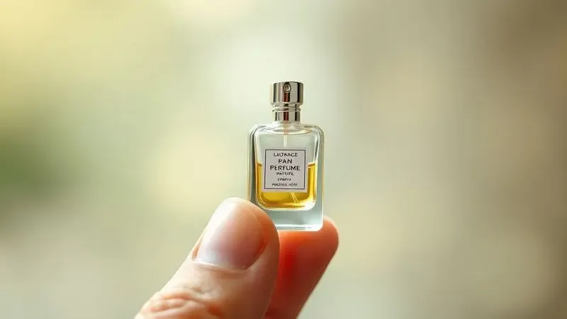 Uma mão segurando uma pequena miniatura de perfume genérica para demonstrar o tamanho reduzido e detalhado do frasco.