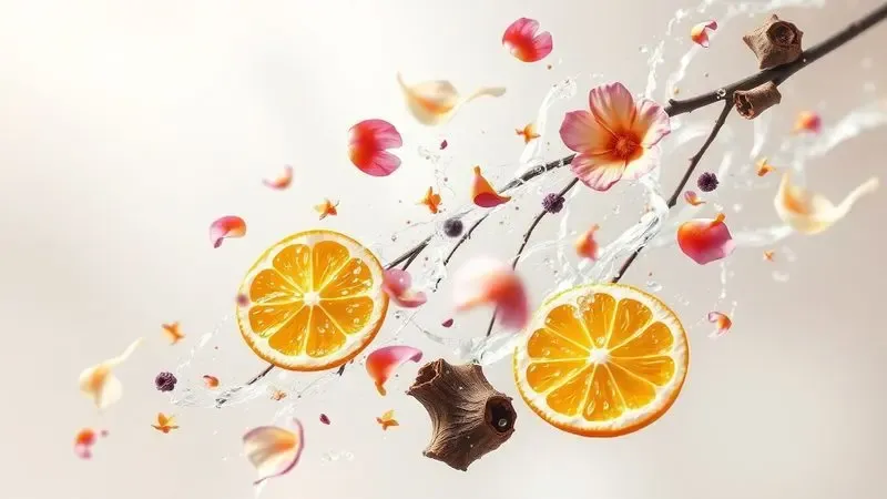 Ilustração digital abstrata representando a mistura de notas olfativas como pétalas e elementos cítricos em um ambiente etéreo.