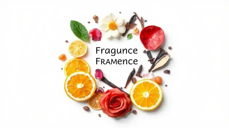 Ilustração artística representando famílias olfativas com elementos naturais como flores e frutas em um arranjo conceitual.