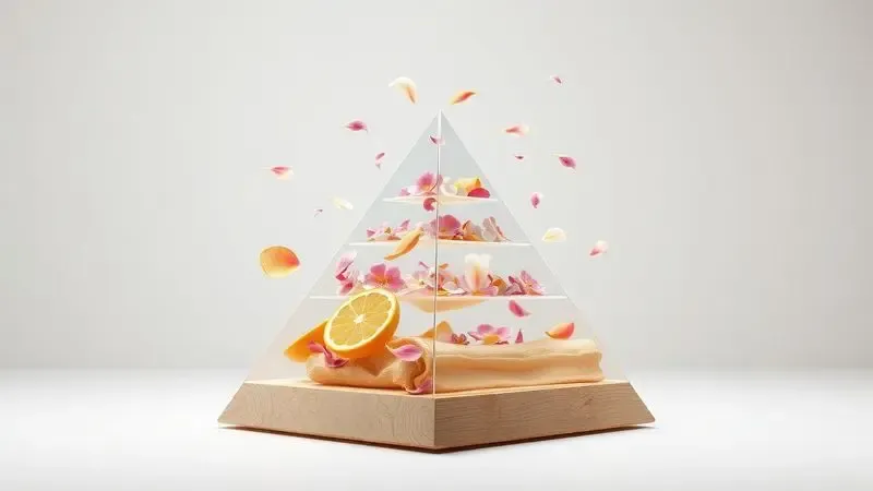 Ilustração 3D conceitual de uma pirâmide olfativa com elementos de flores, frutas e madeiras.