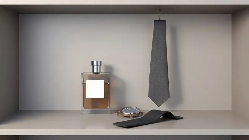 Render 3D conceitual de um frasco de perfume masculino minimalista em uma prateleira organizada com acessórios sofisticados.