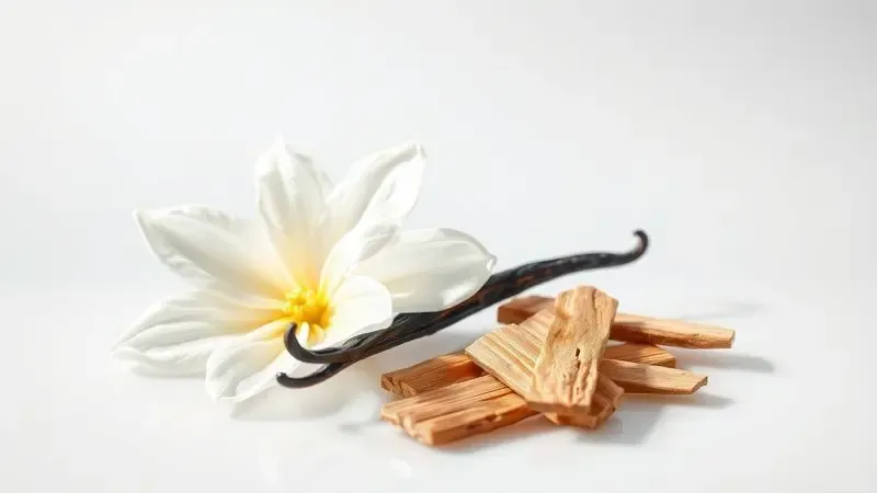 Ilustração artística de elementos naturais como flores e madeiras que compõem a pirâmide olfativa de um perfume.