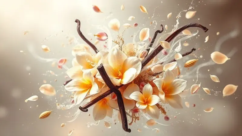 Ilustração digital artística de notas olfativas como flores e baunilha representando a escolha de uma fragrância.