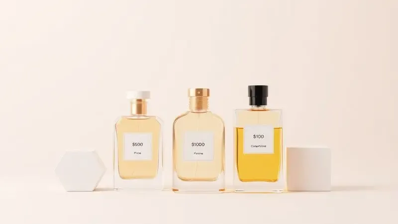 Renderização 3D conceitual de frascos de perfume ao lado de formas geométricas minimalistas sugerindo diferentes faixas de preço.