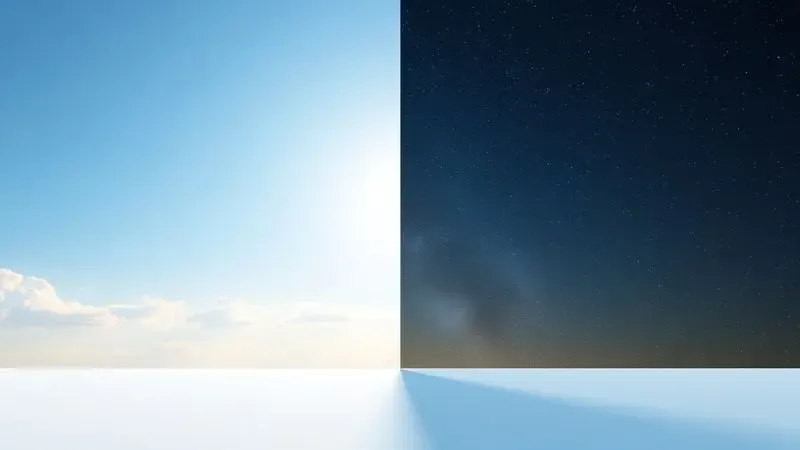 Renderização 3D conceitual dividida entre dia e noite para ilustrar a escolha de perfumes para diferentes ocasiões e climas.