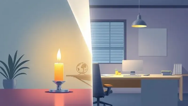 Ilustração comparativa entre um jantar elegante e um ambiente de escritório moderno para representar diferentes ocasiões de uso de perfume.