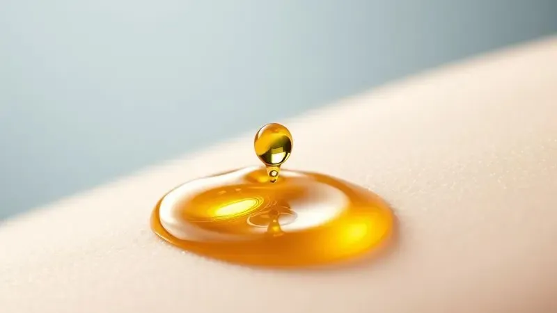 Ilustração 3D conceitual de uma gota de essência sobre a pele, representando a interação química das fragrâncias.
