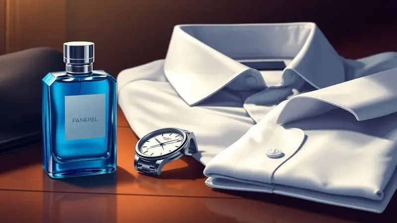 Cenário de guarda-roupa masculino sofisticado com frasco de perfume azul, relógio e camisa branca.