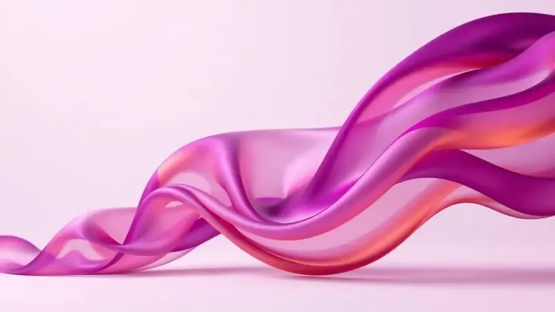 Representação abstrata de notas olfativas adocicadas com tecidos fluidos em tons de roxo e âmbar.
