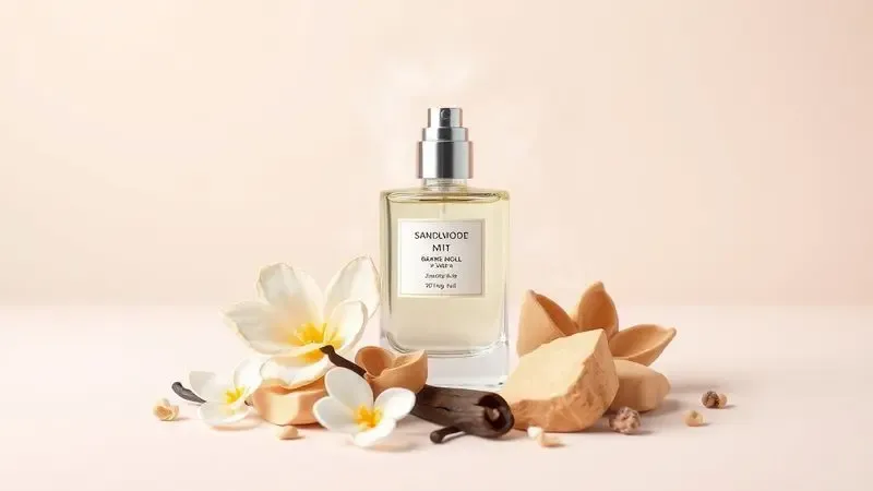 Renderização 3D artística de ingredientes naturais como pétalas de jasmim e baunilha, representando as famílias olfativas de perfumes.