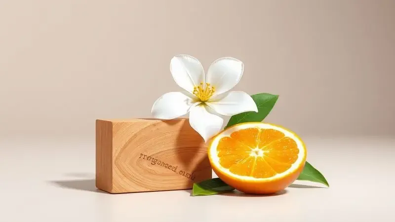 Representação artística das famílias olfativas com elementos naturais como madeira, flores e frutas cítricas em fundo neutro.