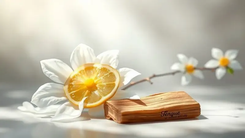 Composição artística com elementos de famílias olfativas como pétalas de flores, fatias de citrinos e lascas de madeira.