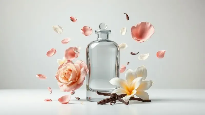 Ilustração 3D artística representando elementos das famílias olfativas como pétalas de flores e baunilha ao redor de um frasco abstrato.