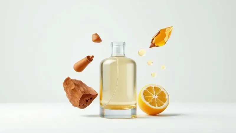 Representação artística 3D de elementos da pirâmide olfativa como madeira e especiarias flutuando ao redor de um frasco de perfume.