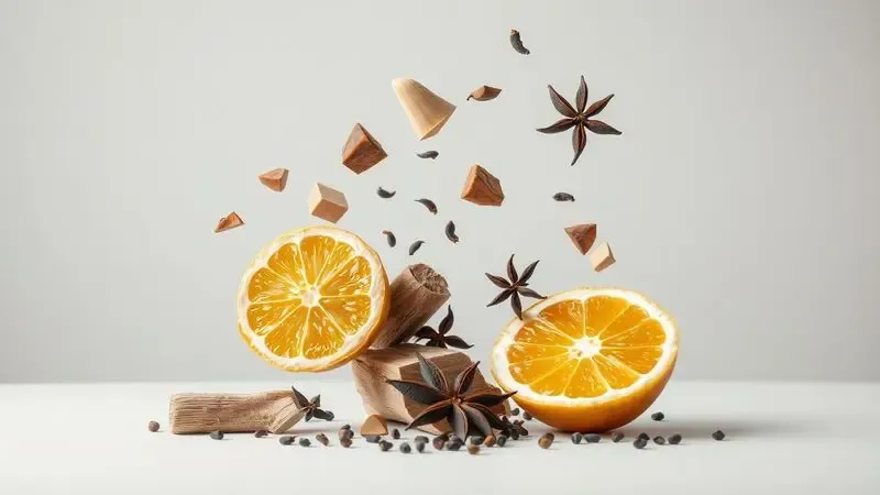 Composição artística 3D de ingredientes naturais como madeira, cítricos e especiarias flutuando em um arranjo minimalista e elegante.