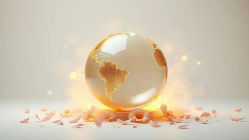 Ilustração 3D de um globo terrestre envolto em névoa dourada simbolizando a popularidade global de fragrâncias.